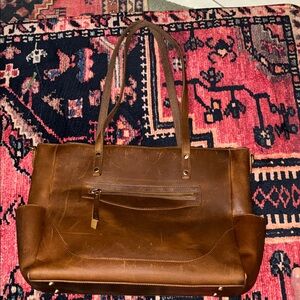 Structured Tan Leather Tote with Front Zip Pocket